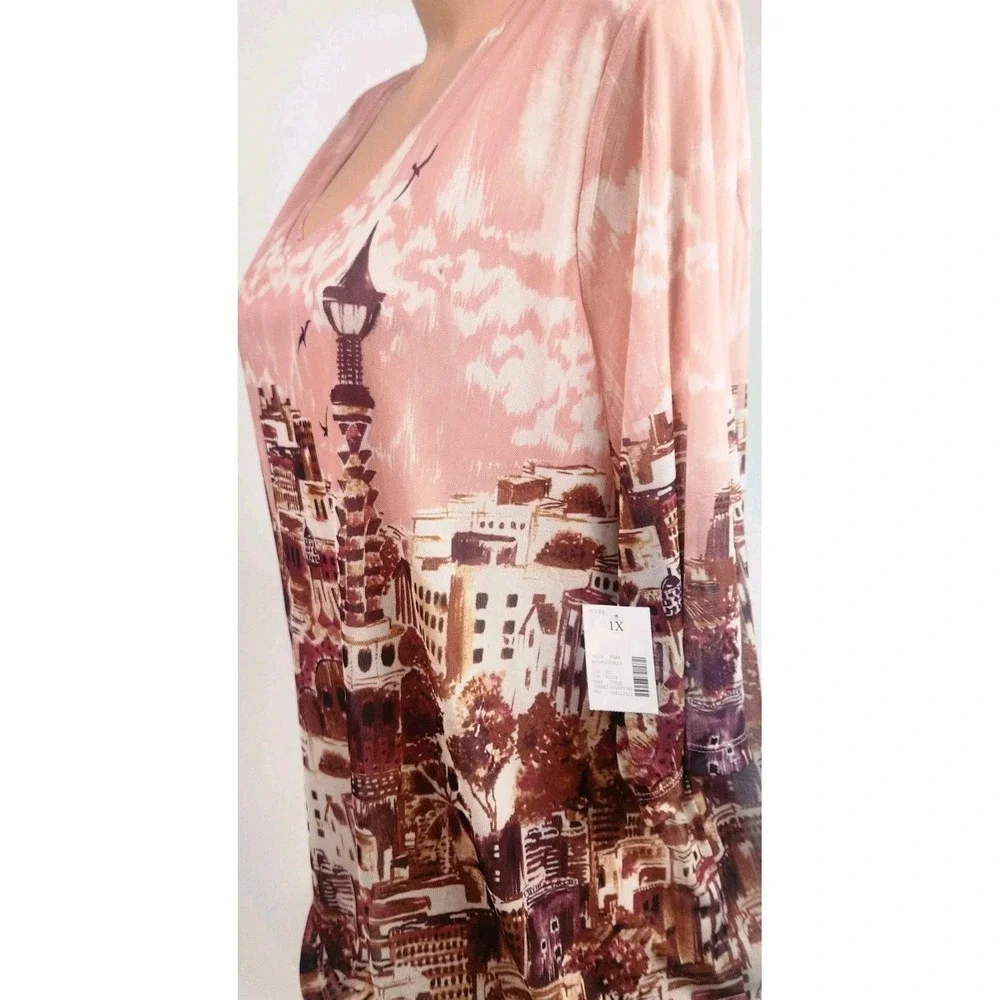 Catherines Womens Blouse Vneck Cityscape Print Bohemian Lined Boho Size 1X - Picture 4 of 8